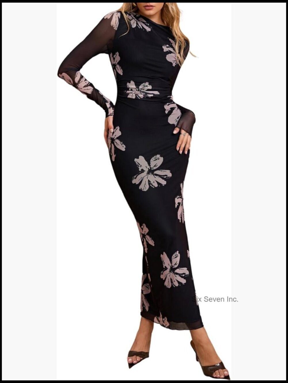 Long Sleeve Mesh Ruched Bodycon Maxi Dress for Wedding Guest Cocktail